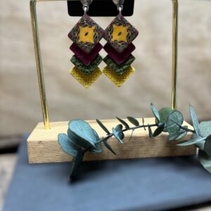 Boucles d'oreilles cuir et polymère carré bordeaux , jaune
