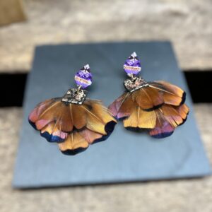 Boucles d'oreilles plumes de faisan marron reflets violets